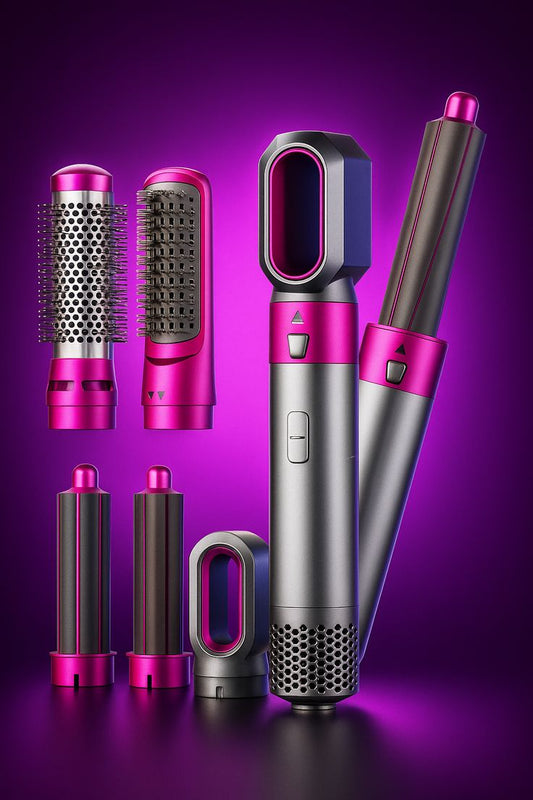 High Quality 5 In 1 Hair Styler Brush | Hair Straightener, Curler, Blow Dryer & Volumizer | Negative Ionic Electric Air Wrap With Detachable Brush Heads
